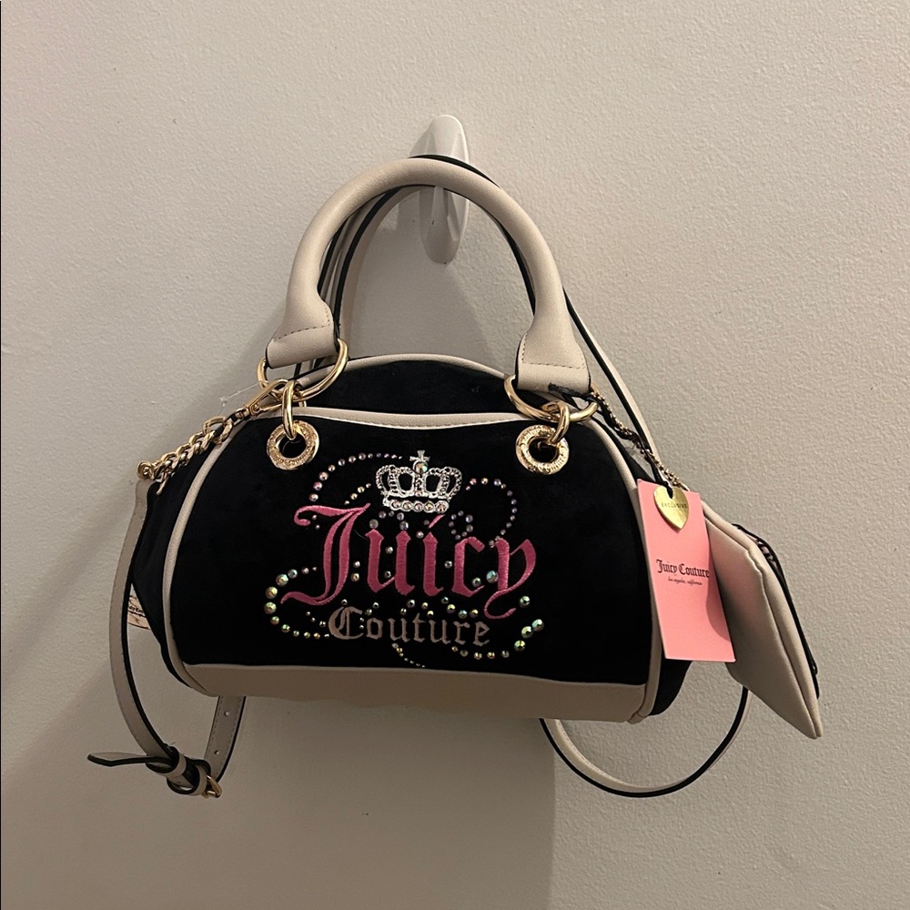 Juicy Couture Black & Cream Satchel with Pink Logo and Gold Hardware